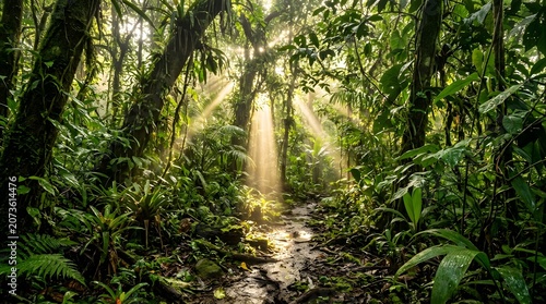Sunlight filtering through a lush green tropical rainforest canopy