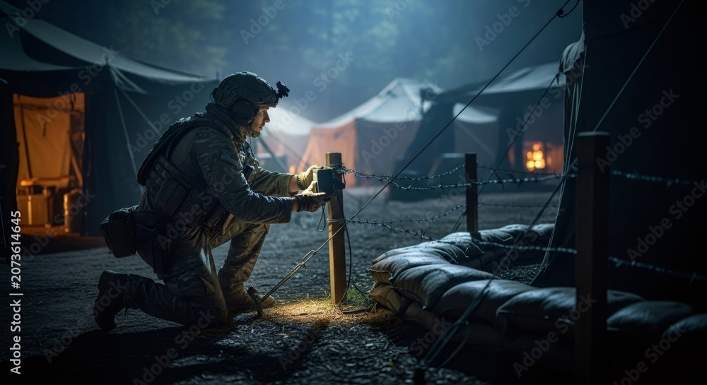 Fototapeta premium Soldier kneeling to set up communication device near barbed wire at night. Military base camp with tents in background. Strategic tactical operation in war zone during dark time.