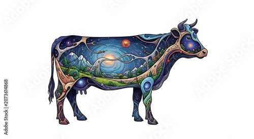 Vibrant Cow with Nature Inspired Patterns.