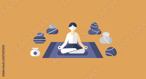 Photography This flat vector illustration depicts a person practicing meditation on a mat, surrounded by balanced zen stones against a warm, solid background
