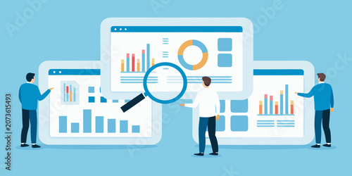 Data analysis illustration with charts graphs and magnifying glass