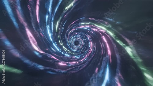 Abstract Cosmic Spiral Tunnel with Neon Glowing Light Trails for Sci-Fi Space Warp Background