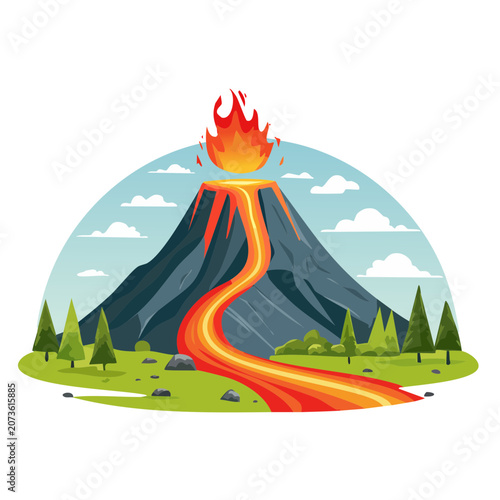 Flat illustration of an erupting volcano with lava flow