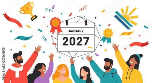 People celebrate January 2027 with confetti and awards outdoors