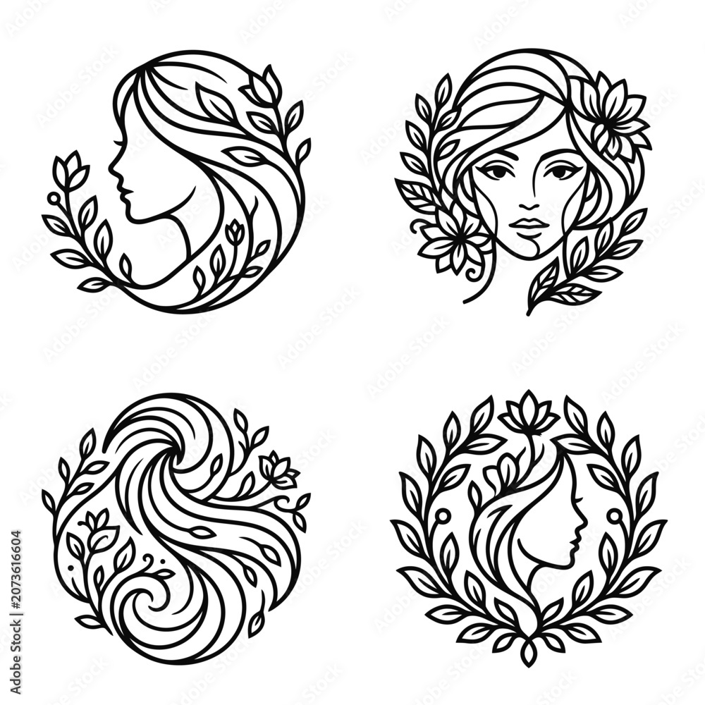Fototapeta premium Woman Face Line Art Floral Design.