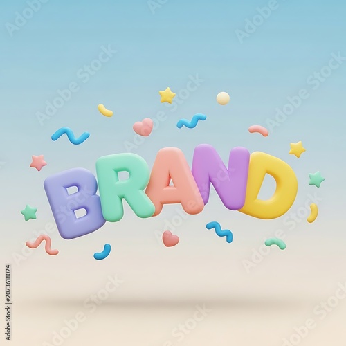 Bright and colorful three dimensional bubble letters spelling out the word brand surrounded by floating cute pastel shapes like stars hearts and squiggles in a soft modern digital graphic style