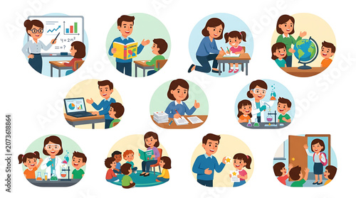 Education and learning concept with teachers and students in various classroom and school activities, illustrating diverse educational scenes