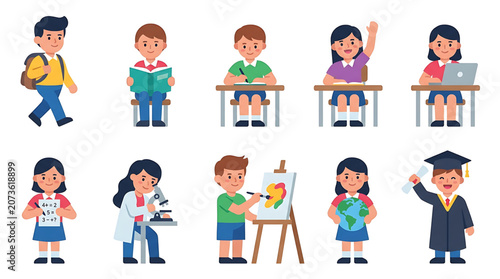 Children engaged in various educational activities and learning, showcasing a diverse range of school subjects and academic pursuits