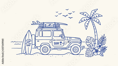 Beach scene with a jeep and surfboard.