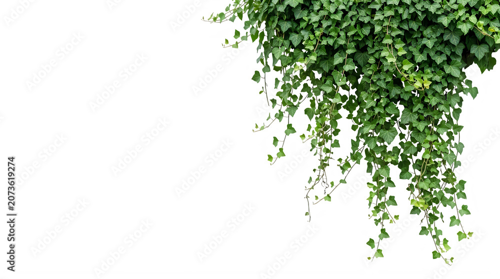 Fototapeta premium Lush green ivy arch and hanging climbing plants isolated on a white background.