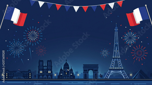 Festive Eiffel Tower scene with fireworks and French colors for Bastille Day