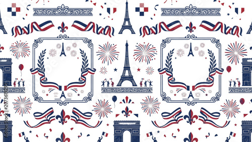 Seamless Bastille Day pattern featuring Paris landmarks and French patriotic elements