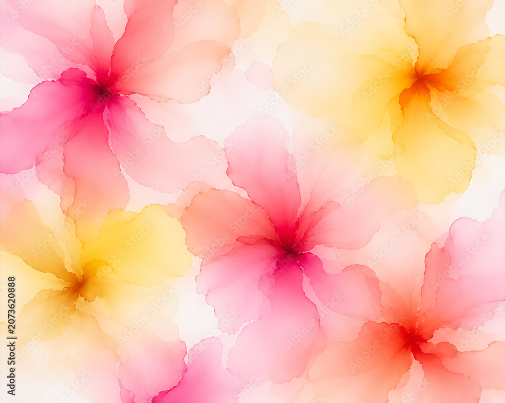 Fototapeta premium Abstract Watercolor Hibiscus Floral Background in Pink and Yellow Tropical Flowers