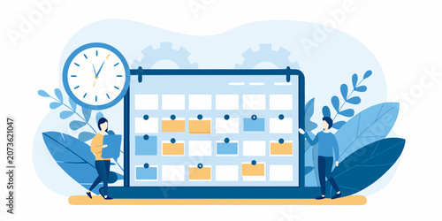 Fotografie Calendar Illustration With Figures And Timekeeping Device Vector Style