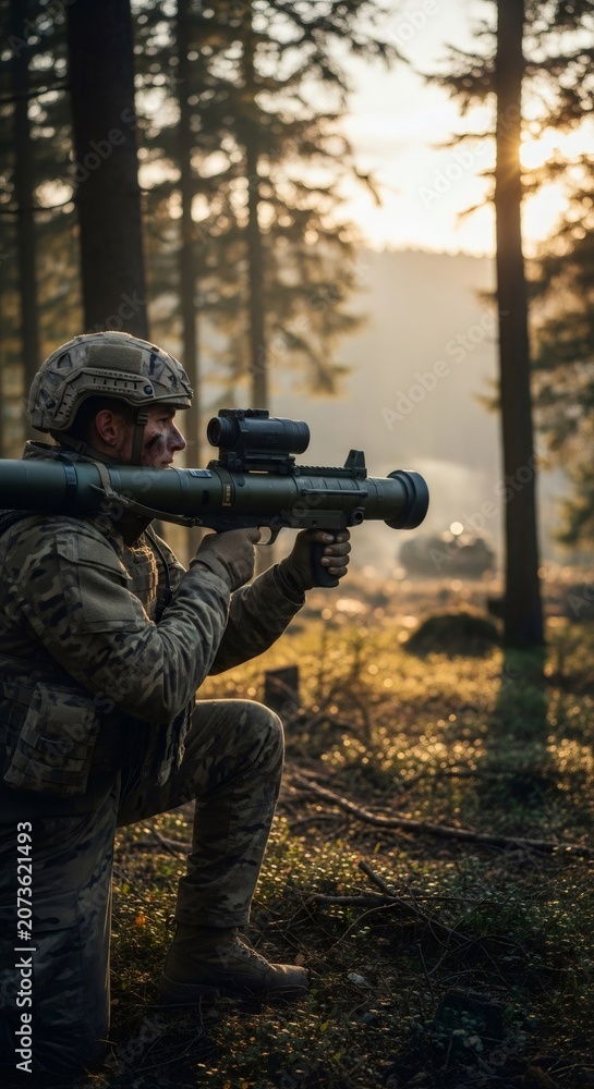 Fototapeta premium Man soldier kneeling with anti-tank weapon in forest during sunset. Military combat operation with armed infantry. Danger and aggression in modern battlefield defense strategy.