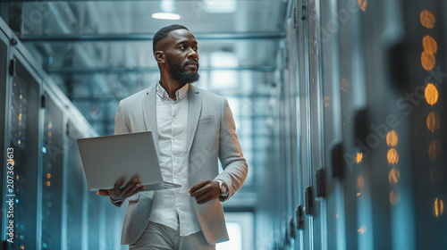 A professional IT engineer or system administrator working on a laptop while walking through a modern, high-tech server room. The technician is focused on maintaining or configurin
