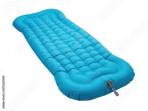 An inflatable air mattress in a vibrant blue color, designed for camping and outdoor adventures. Its textured surface offers comfort and support for a restful sleep.