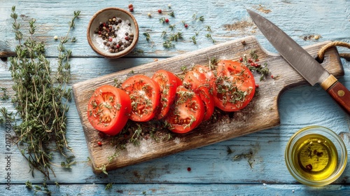 Freshly Sliced Tomatoes on Wooden Cutting Board with Herbs and Olive Oil on Blue Table Surface for Healthy Cooking and Culinary Inspiration