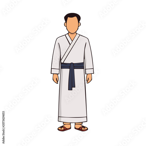 Man in Traditional White Robe with Blue Belt
