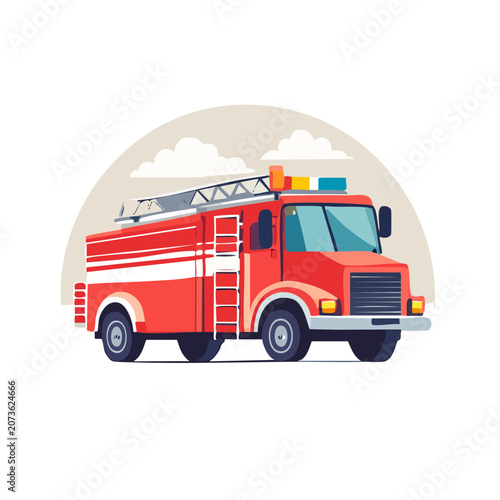 Red fire truck with ladder flat vector illustration