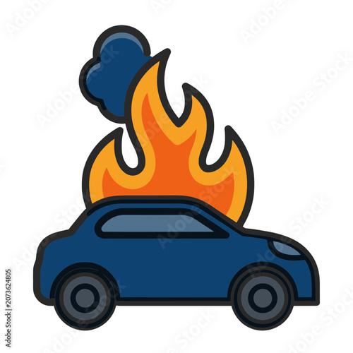 Blue car on fire with flames and smoke, flat vector illustration