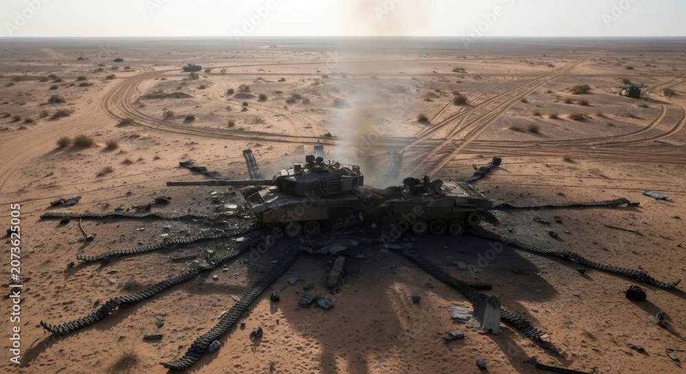 Obraz premium Burned out military tank destroyed in desert terrain. Wreckage of armored combat vehicle after battlefield explosion. Global conflict, war aggression and defense failure concept.
