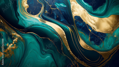 Abstract blue and green liquid marble background with gold veins.  Luxurious abstract fluid art painting background featuring deep navy blue, teal, emerald green, and white acrylic swirls. 