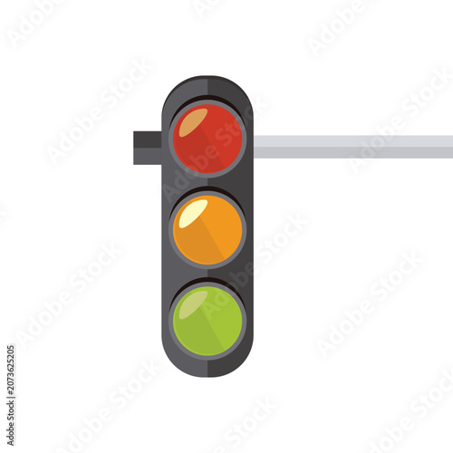 Flat vector illustration of a vertical traffic light on a horizontal post featuring detailed red, yellow, and green circular signals, isolated on a white background.