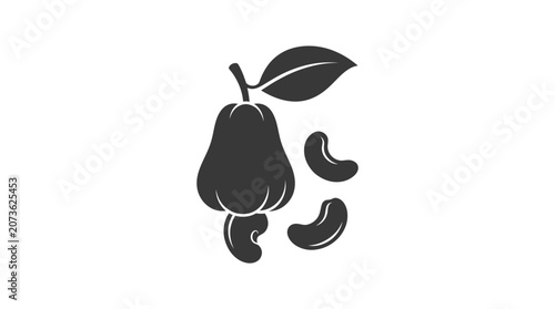 Black silhouette of cashew fruit and detached nuts.