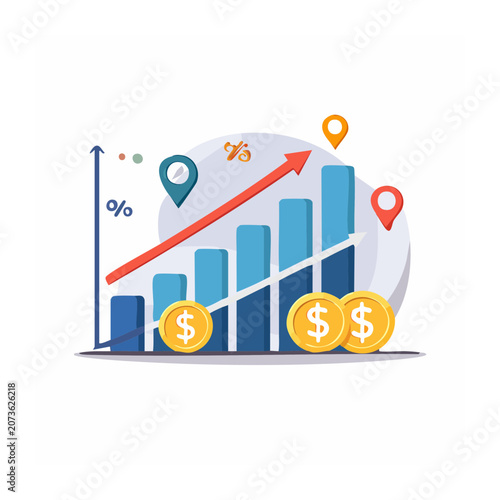 Business growth chart with coins and location pins