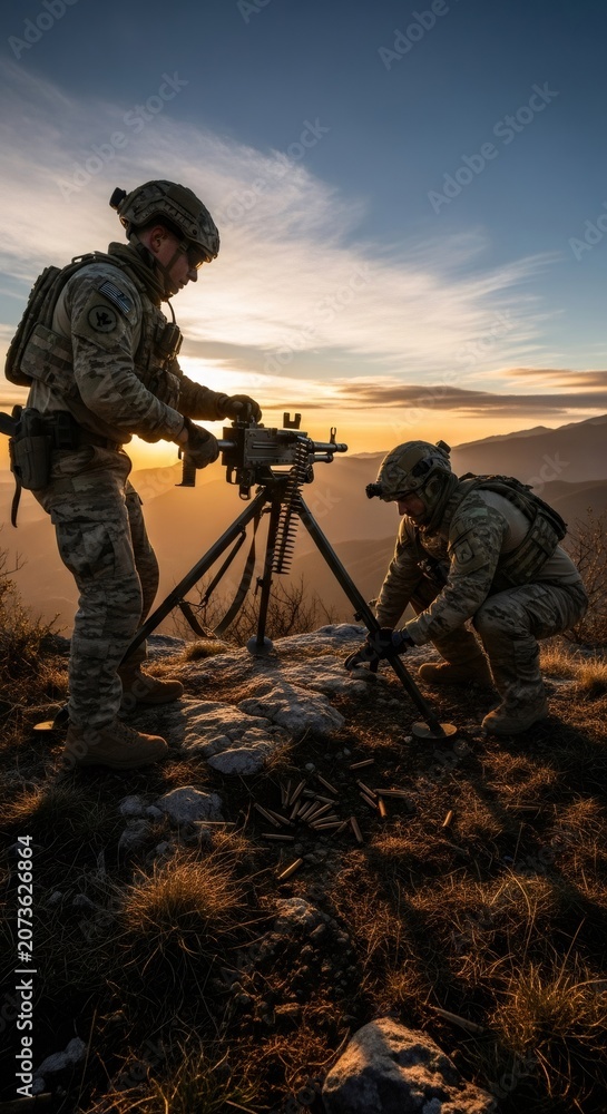 Fototapeta premium Soldiers setting up machine gun on mountain peak at sunset. Military unit preparing defensive position during combat mission. Tactical operation in wilderness. Armed conflict defense concept.