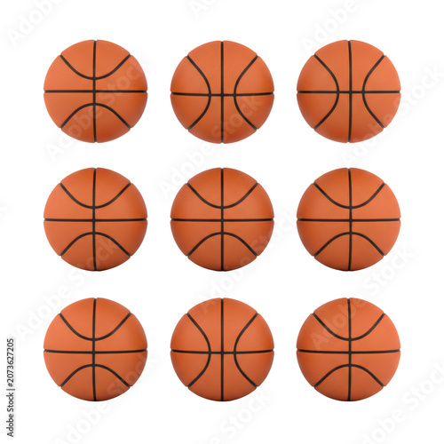 Six vibrant orange basketballs, detailed pebbled leather texture, black seams, arranged in a symmetrical grid on a transparent studio background, conveying professional product photography concept