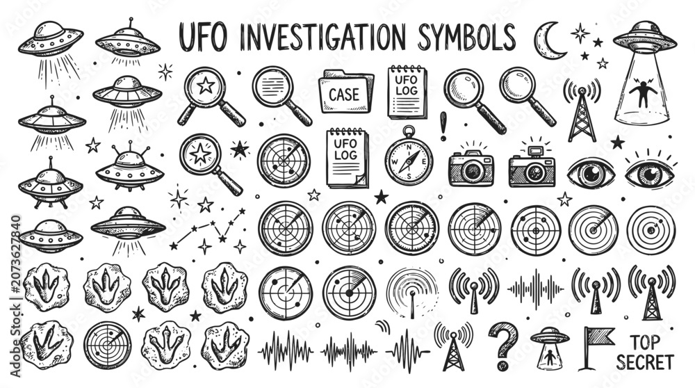 Fototapeta premium UFO Investigation Symbols: Aliens, Saucers, Radar, Case Files, Top Secret