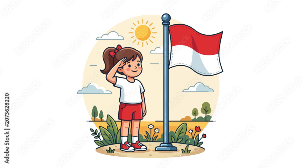 Fototapeta premium Cartoon illustration of a young girl saluting the Indonesian flag. EPS Editable. Vector Illustrations.