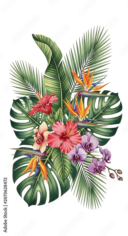Fototapeta premium Tropical floral arrangement with exotic leaves.