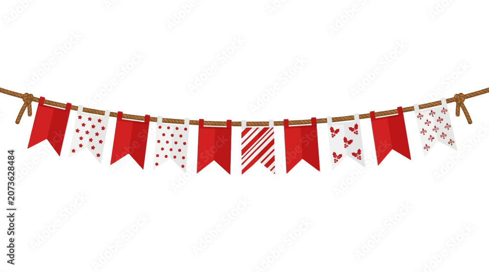 Obraz premium Festive red and white patterned bunting garland hanging on a rope. EPS Editable. Vector Illustrations.