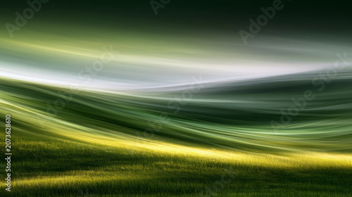 Abstract Flowing Green Landscape with Light Streaks