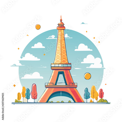 Flat illustration of the Eiffel Tower with trees and sky