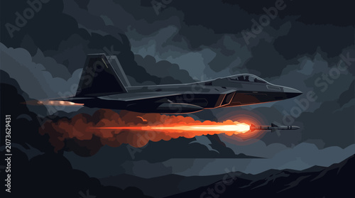 Fotografía Stealth Fighter Jet Flying Over Battlefield Illustration