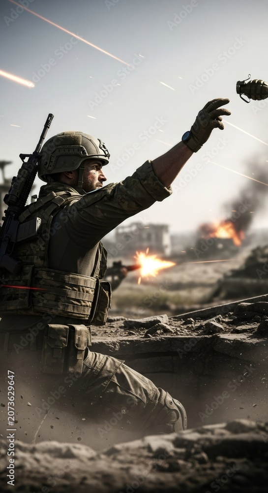 Fototapeta premium Soldier throwing hand grenade during intense gunfight on battlefield. Man in military uniform fighting in combat zone. Weapon and ammunition. Modern warfare, army defense and survival concept.
