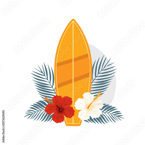 Tropical surfboard with hibiscus and palm leaves vector