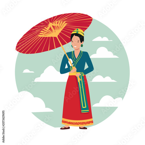 Woman in traditional dress holding a red parasol