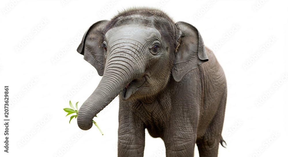 Fototapeta premium Adorable elephant calf happily eating fresh green leaves brightly lit against a clean white background. AI Generated