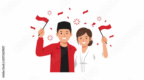 Indonesian couple celebrating independence day holding national flags vector illustration 1. EPS Editable. Vector Illustrations.