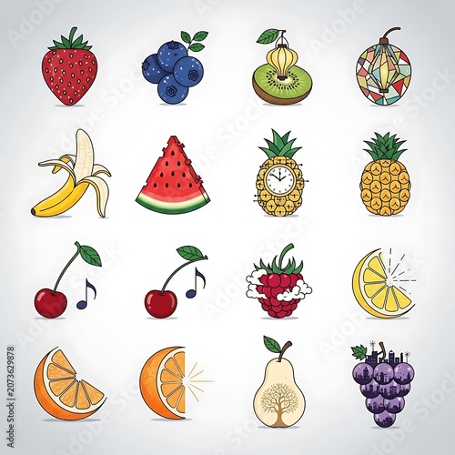 Colorful fruit icons on white background.