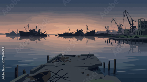 Canvastavla Military Warship Fleet at Sea Illustration