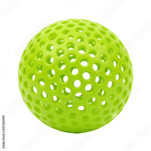 A vibrant lime green hollow plastic ball with numerous symmetrical circular holes, isolated against a transparent background, showcasing a clean product concept