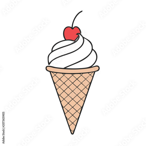 Ice cream cone with cherry on top, flat vector illustration