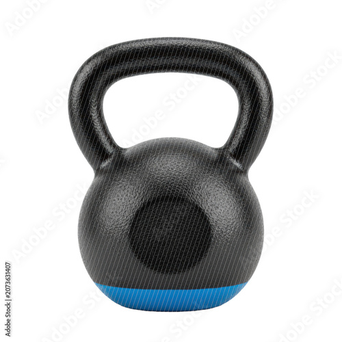 A heavy black cast iron kettlebell with pebbled texture and a thin blue band on a transparent background under soft studio light. commercial fitness concept