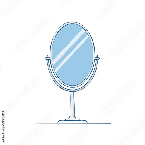 Oval vanity mirror on stand, flat vector illustration
